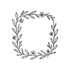 Minimalist vector drawing of a floral frame, black and white style with strong black outlines, suitable for creative design, invitations, prints, or decorative illustrations.