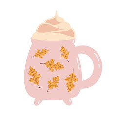 Illustration of cute pink mug with whipped cream. Mug with autumn leaves isolated on white background. Vector flat illustration. Autumn attribute