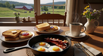 A hearty country breakfast with fried eggs, bacon, and coffee on a rustic table overlooking a farm.