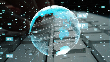 This image features an abstract representation of the Earth with digital data overlays on a laptop keyboard, symbolizing global connectivity and modern technology. Xenic
