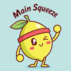 Cartoon lemon with a red headband winks and raises its hand in a light blue background