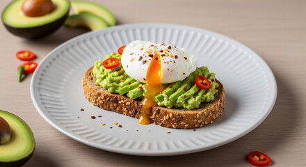 Delicious avocado toast topped with a perfectly poached egg and chili flakes on a white plate.