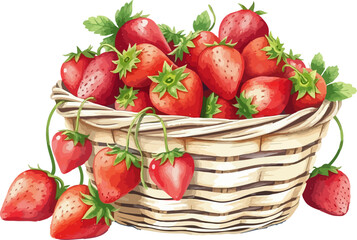 Watercolor vector illustration of a basket of strawberries.