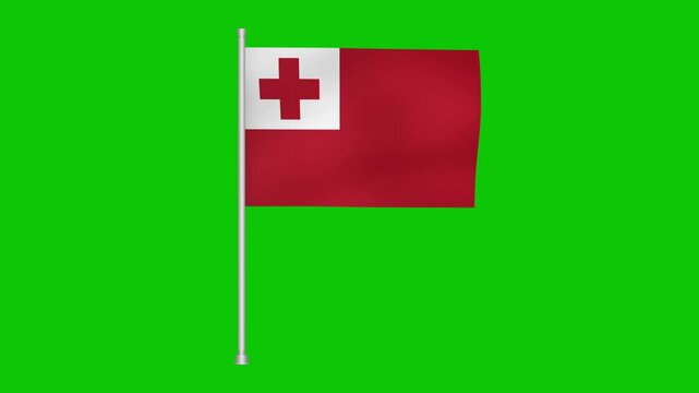 A tonga flag waving gently against a bright green background on a metal pole in the center