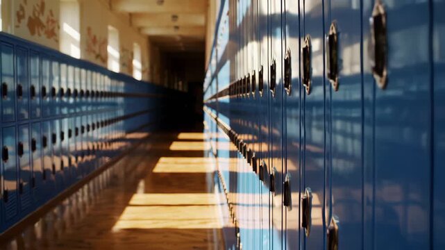 Sunlight pours through the windows of a quiet school hallway, casting long shadows across rows of blue lockers and polished floors. The peaceful corridor feels calm and orderly, capturing a classic sc