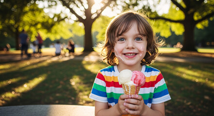 A happy young boy with a colorful striped shirt enjoys a double-scoop ice cream cone in a sun-dappled park.