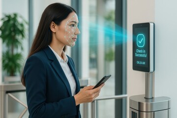 A person using facial recognition to enter the office, innovation for security