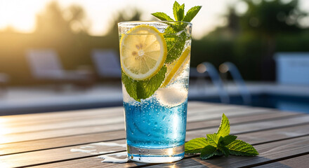 Refreshing blue cocktail with lemon and mint by the pool.