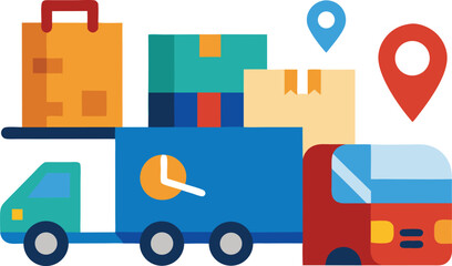 Modern delivery and logistics vector illustration with truck boxes and pins scalable eps