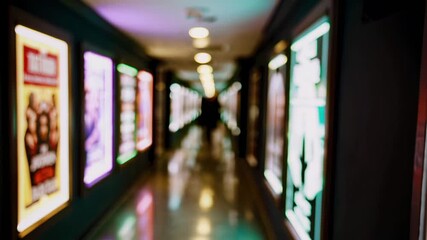 A dimly lit cinema hallway features vibrant, glowing movie posters lining the walls. The blurred, colorful lights and reflective floor create a dreamy, atmospheric vibe reminiscent of late-night movie
