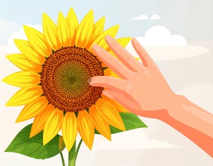 A hand gently touches a vibrant sunflower against a pastel sky