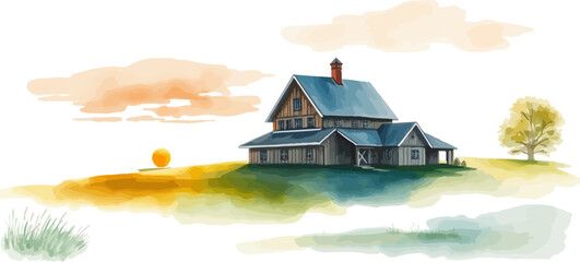 House in the countryside. Watercolor vector illustration.
