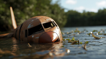 Plane Wreckage in Water: A weathered airplane fuselage submerged in water, creating a haunting yet serene scene of abandonment and nature's reclamation.