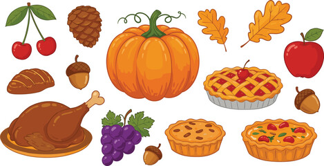 Thanksgiving food and autumn harvest cartoon illustration, pumpkin, turkey, pies, fruits, fall leaves, acorns, perfect for seasonal decoration, festive design elements
