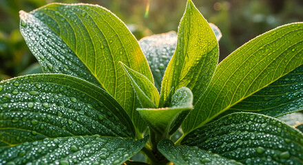 Lush green plant leaves covered in sparkling morning dew drops with soft sunlight.