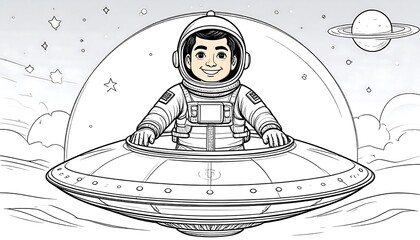 Cartoon astronaut in a flying saucer