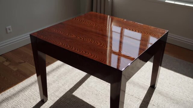 A shiny wooden square table stands alone in a sunlit room, reflecting light from a nearby window. Its polished surface and simple design create a modern and elegant atmosphere, perfect for any interio