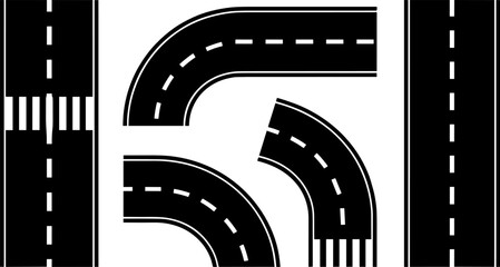 Road Segment Design: A sleek, minimalist graphic showcasing various segments of a road, from straight paths to curves and intersections, emphasizing the design and structure of urban pathways.