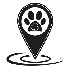 A black and white graphic illustration of a location pin icon with a paw print inside symbolizing a pet friendly place or animal service location