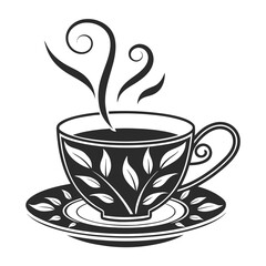 A stylized black and white illustration of a steaming teacup and saucer adorned with a delicate leaf pattern perfect for beverage branding and cafe decor