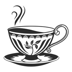 Elegant black and white illustration of a steaming teacup with ornate floral design on a saucer perfect for beverage and cafe themes