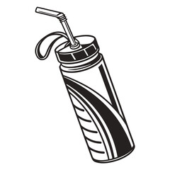 A stylized black and white illustration of a reusable water bottle with a straw and a loop for carrying perfect for fitness and hydration concepts