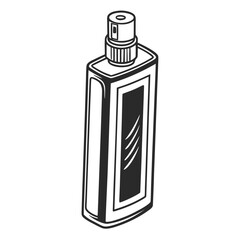 A minimalist black and white illustration of a rectangular bottle with a spray nozzle perfect for representing personal care products or fragrances