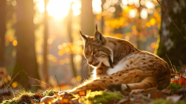 Majestic Lynx in Autumn Forest Sunlight