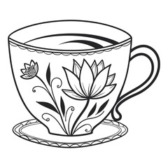 Elegant black and white line art illustration of a teacup and saucer adorned with delicate lotus flowers and swirling floral motifs perfect for design projects