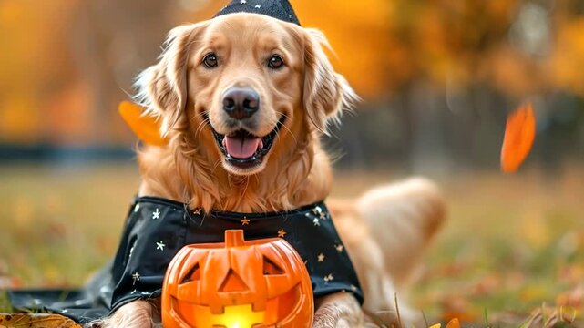 Golden retriever dog wearing a witch hat and costume, sitting in autumn leaves with a glowing jackolantern for halloween 4k video