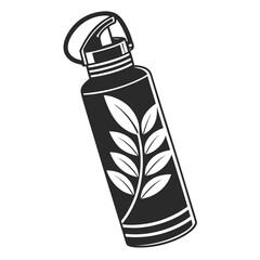 Stylized black and white illustration of a reusable water bottle with a leaf motif symbolizing sustainability and eco friendly hydration