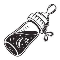 Whimsical baby bottle filled with a starry night sky and crescent moon perfect for nursery decor and baby shower invitations