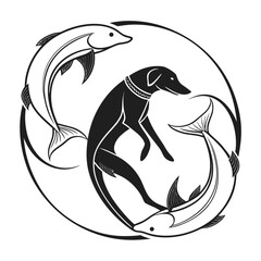 Stylized black silhouette of a dog in the center of a circular design with two fish swimming around it creating a yin yang like effect