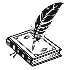 A classic black and white illustration of a quill pen resting on an open book symbolizing writing literature and knowledge