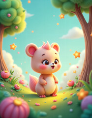 Fototapeta premium Adorable 3D Rendered Cartoon Squirrel in Magical Flower Garden, Whimsical Style, Happy Mood