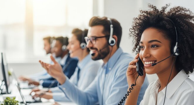 A diverse team of customer service representatives working in a call center