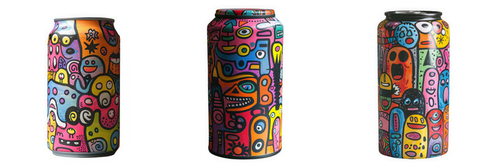 Three aluminum cans with colorful doodle art, each showcasing unique character designs and vibrant patterns isolated on transparent background