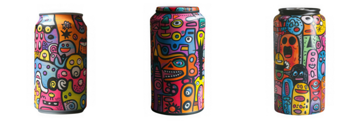 Three aluminum cans with colorful doodle art, each showcasing unique character designs and vibrant patterns isolated on transparent background