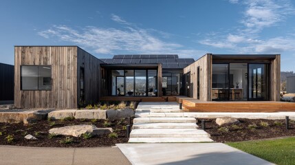Modern sustainable home with solar panels and contemporary wooden design architecture