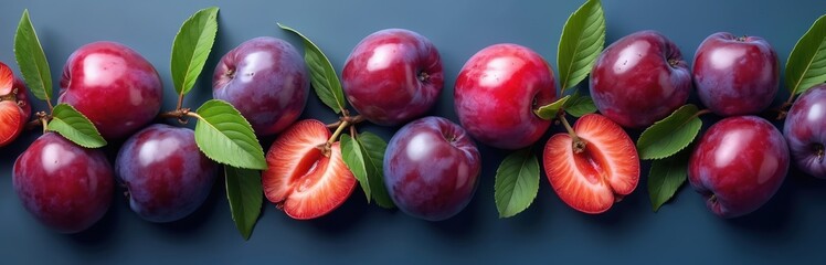 Obraz premium Row of plump, ripe plums with glossy skin and vibrant green leaves. Half strawberry visible on left. Deep blue backdrop enhances nature bounty. Healthy, organic food still life.