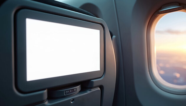 Blank white airplane monitor screen on passenger seat mockup. Modern aircraft interior features entertainment system display, window view of sunset sky. Travel technology for communication, journey. - Powered by Adobe