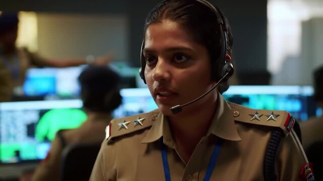 focused female indian police officer in uniform works in surveillance control room. wearing headset, she monitors screens in high-tech command center. law enforcement, security. 