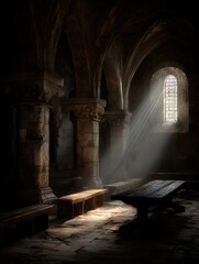 Ancient stone hall with sunbeams through arched window illuminating wooden benches