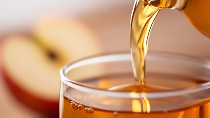 Apple juice being poured into glass with apple slice background. Refreshing & natural beverage for healthy lifestyle.