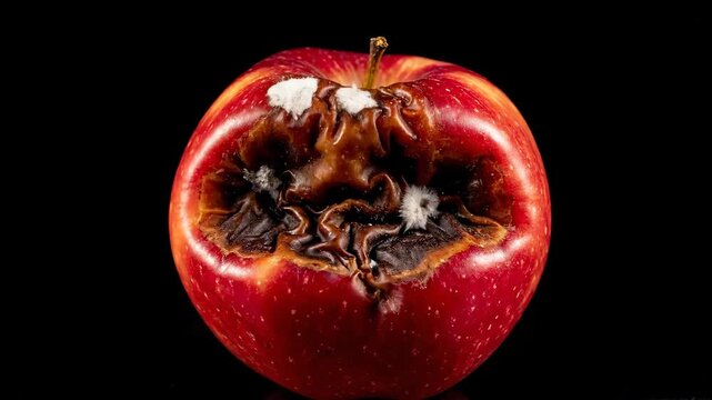 Vibrant red apple decaying rapidly in a dark studio environment