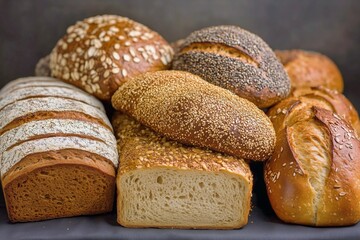 Freshly Baked Artisan Bread Varieties Stacked Neatly on a Black Background.
