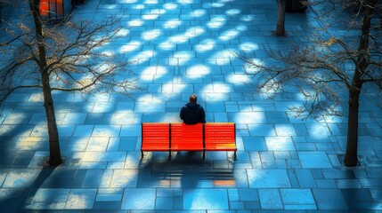 Overhead view of a solitary figure on a bench in a vast concrete plaza under harsh grid-like shadows