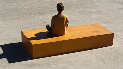 Overhead view of a solitary figure on a bench in a vast concrete plaza under harsh grid-like shadows