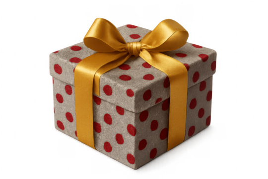 Elegant gift box with gold ribbon and red polka dots on transparent background