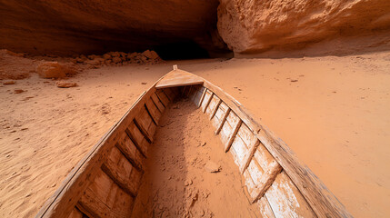 Abandoned wooden boat resting in a sandy, cave-like setting. The aged vessel hints at tales of voyages in a world transformed by shifting sands.